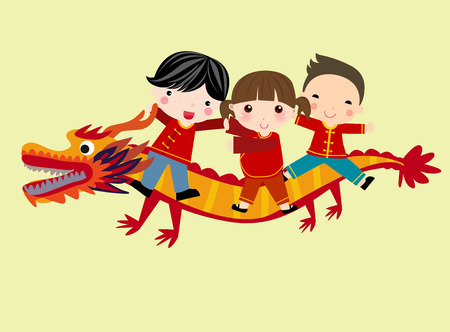 Three happy kids riding on a dragonのイラスト素材