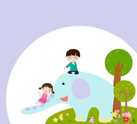 Kids and elephantのイラスト素材