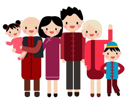 Happy family in traditional Chinese clothesのイラスト素材