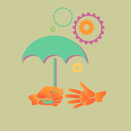 Conceptual illustration of a hand sharing an umbrella under the rain of gearsのイラスト素材