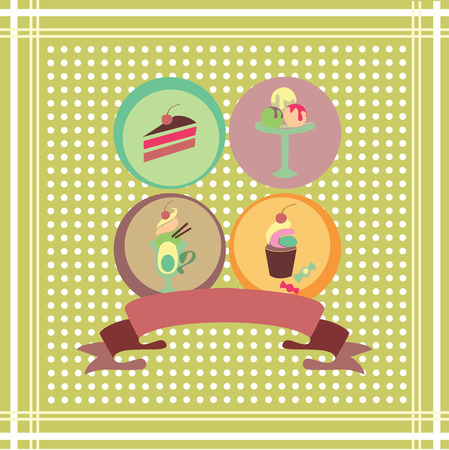 Set of sweet icons with confectionery and a ribbon against retro backgroundのイラスト素材