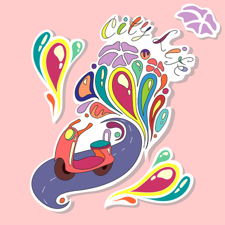 Hand-drawn doodle with a scooter following the city road among colorful splashesのイラスト素材