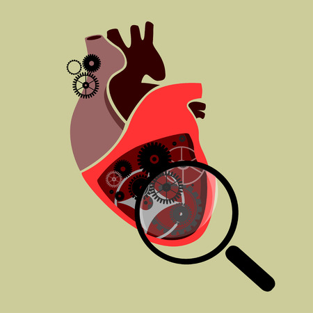 Section of a human heart with cogs and gears under a magnifying glassのイラスト素材