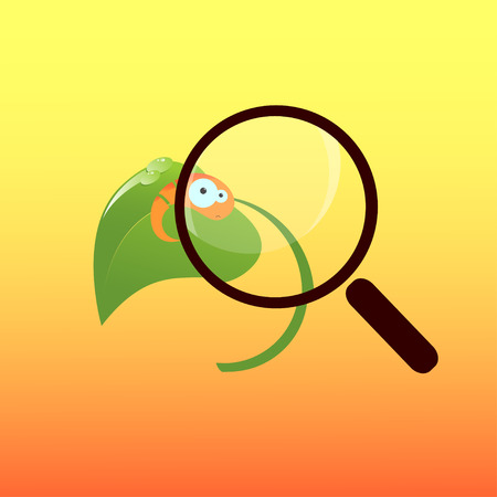 Scared caterpillar sitting on a leaf under a magnifying glassのイラスト素材
