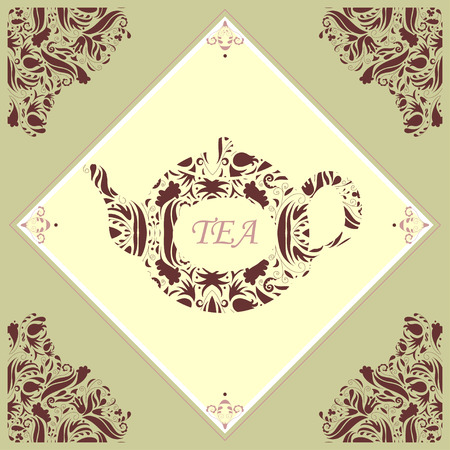 Retro ceramic tile with a teapot framed with floral patternのイラスト素材
