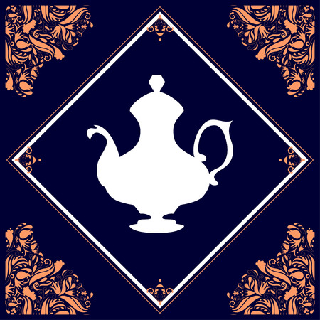 Tile-like element with a silhouette of a coffeepot framed with floral elementsのイラスト素材