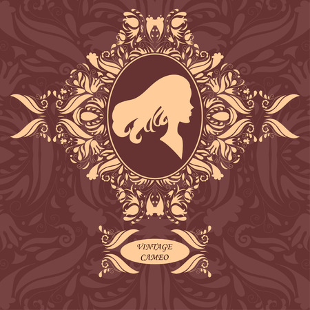 Vintage profile of a young woman in a delicate floral frameのイラスト素材