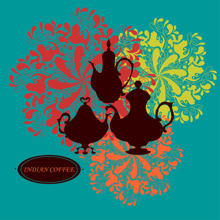 Silhouettes of traditional coffeepots against colorful floral rosettesのイラスト素材