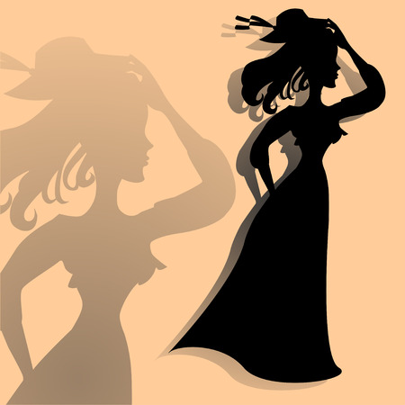Silhouette of a girl in a dress standing in the windのイラスト素材
