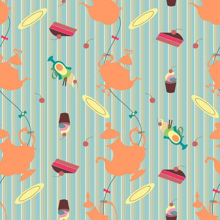 Seamless background with teapots, desserts and dishesのイラスト素材