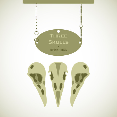 Three bird skulls sign with a plaque hanging on chainsのイラスト素材