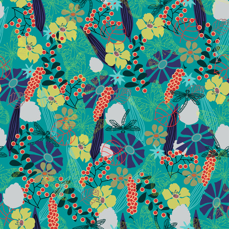 Seamless pattern with summer flowers, herbs and insectsのイラスト素材