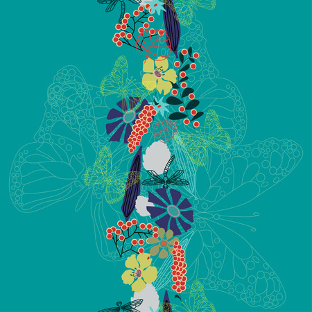 Beautiful seamless summer bouquet with floral elements, butterflies and dragonfliesのイラスト素材