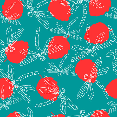 Seamless pattern with colorful leaves and flying dragonfliesのイラスト素材