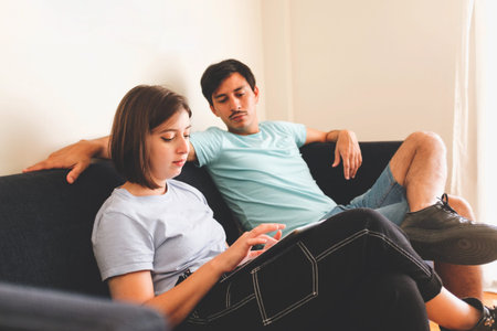 Girl typing on the cell in her sofa with her winged laptop