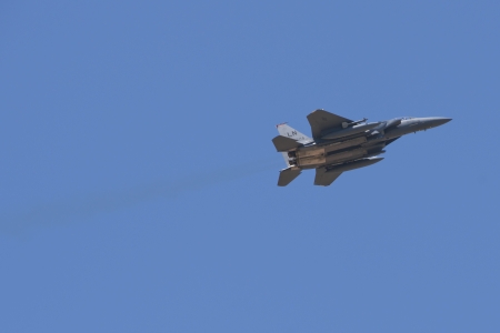 ALBACETE,SPAIN - APRIL 11: Military fighter jet during demonstration in Albacete air base, Los Llanos (TLP) on April 11, 2012 in Albacete,Spainのeditorial素材