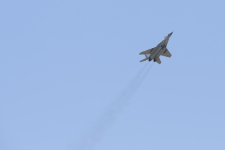 ALBACETE,SPAIN - APRIL 11: Military fighter jet during demonstration in Albacete air base, Los Llanos (TLP) on April 11, 2012 in Albacete,Spainのeditorial素材