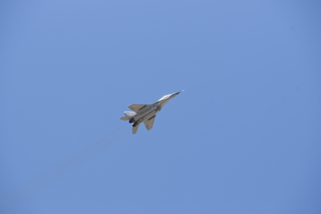 ALBACETE,SPAIN - APRIL 11: Military fighter jet during demonstration in Albacete air base, Los Llanos (TLP) on April 11, 2012 in Albacete,Spainのeditorial素材
