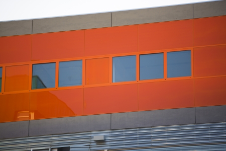 Modern office buildings  Colorful buildings in a industrial place  Red windows のeditorial素材
