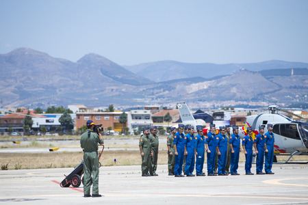 GRANADA,SPAIN - May 18: Aerobatic Spanish helicopter patrol (ASPA Patrol) perform at airshow (10Âº Aanniversary of Aspa Patrol in Granada) on May 18, 2014 in Granada ,Spainのeditorial素材