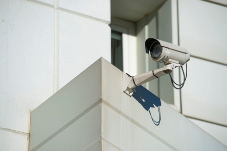 Security camera. Camera system guarding, office building in horizontal format.