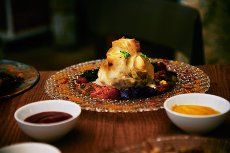 A plate of food with a baked item on top and a bowl of sauce. The baked item is a pastry and the...