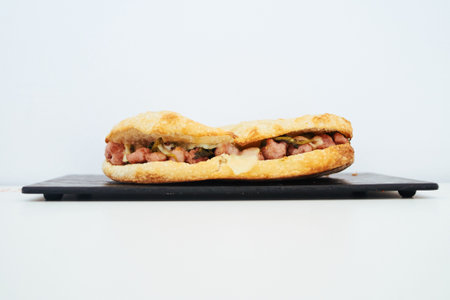 A sandwich is on a black plate. The sandwich is cut in half