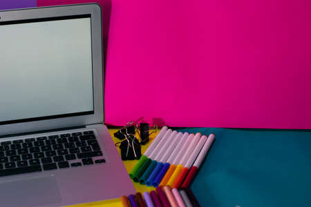 Desk with colorfull markers, space for textの写真素材