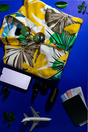 top view travel with passport, airplane and tickets on a blue backgroundの写真素材