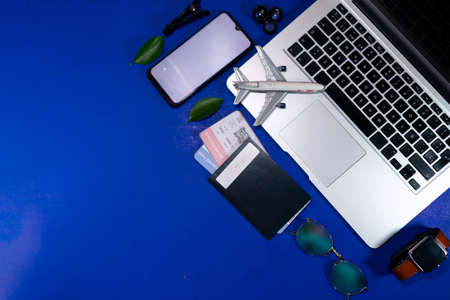 travel concept at the top view with passport , notebookの写真素材