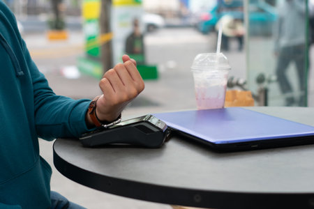 hand smartwatch contactless payment bank terminalの写真素材