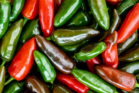 Pile of jalapeno peppers in various stages of maturation in the marketの写真素材