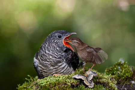 Common cuckoo, Cuculus canorus. Young man in the nest fed by his adoptive mother - Troglodytes troglodytes - Winter wrenの写真素材