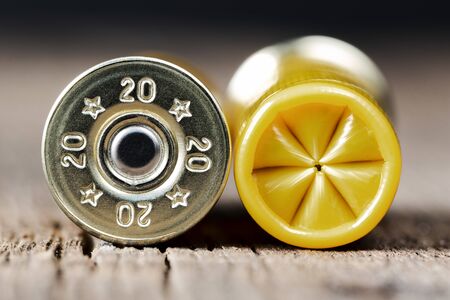Selective approach of 20-gauge shotgun cartridges used for hunting, on a wooden tableの写真素材
