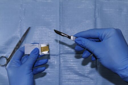 hand with blue glove holding a scalpel with new bladeの写真素材
