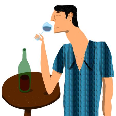 man smelling a glass of red wineの写真素材