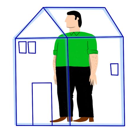 man inside a imaginary small houseの写真素材