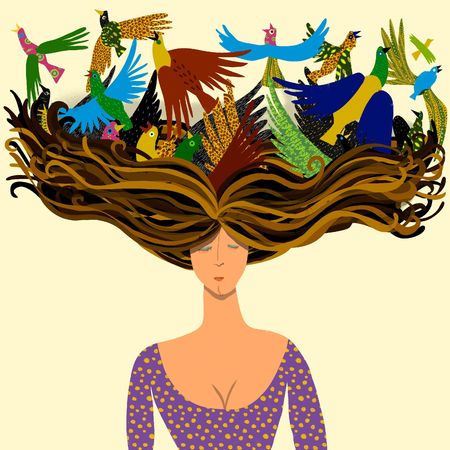 woman with birds flying from its hairの写真素材