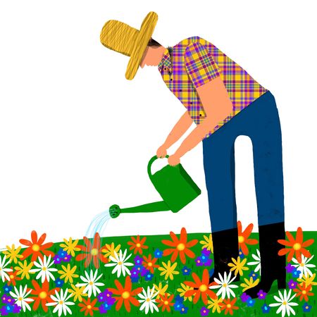 gardener waters the flowersの写真素材