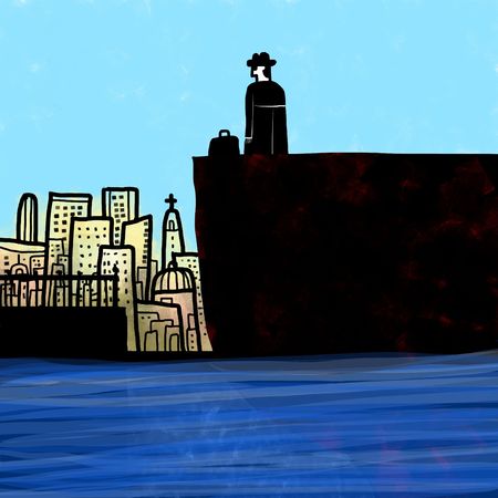 Man watches city from the portの写真素材