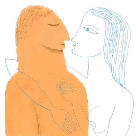 Imaginary woman embraces manの写真素材