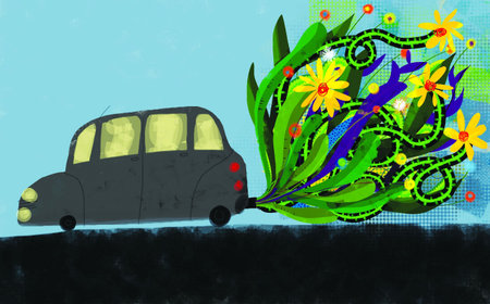 a car that comes off flowers the exhaust pipeの写真素材