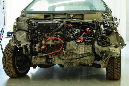 Inside the bonnet of a hybrid electric carの写真素材