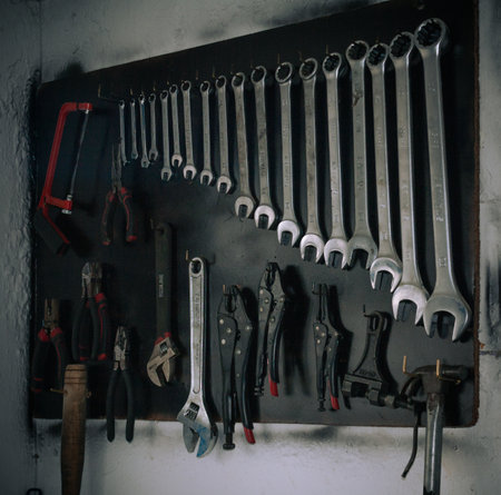 Set of tools in the workshop. Wrenches, pliers, screwdrivers and other toolsの写真素材