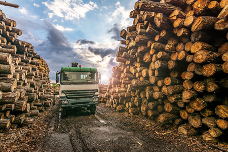 Transport of pine logs in a sawmill for processing and pellet processing