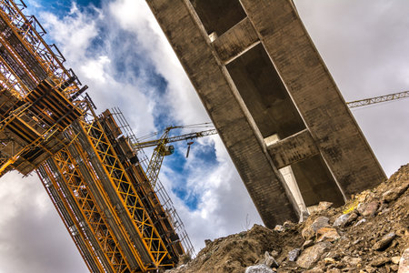 Construction of a bridge with cranes in the expansion works of the Madrid - Segovia - Valladolid...