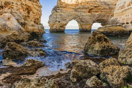 Marinha beach is one of the most emblematic and famous beaches in Portugal, located on the Atlantic coast in the municipality of Lagoa, Algarveの写真素材