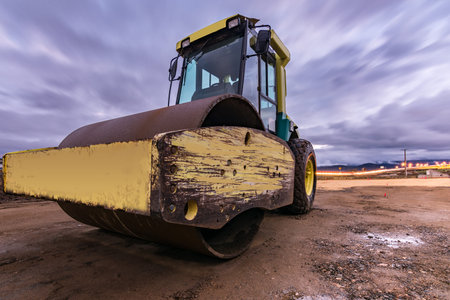 Steamroller at road or highway construction work