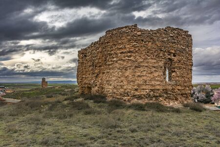 Martina tower and hermitage of Santiago, view of the hermitage ruins (AyllÃ³n, Segovia province, Spain)の写真素材