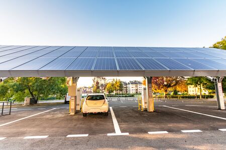 Car charging station for self-sufficient and first photovoltaic panels in Europe. It is also free. Located in La Granja de San Ildefonso (Segovia)の写真素材